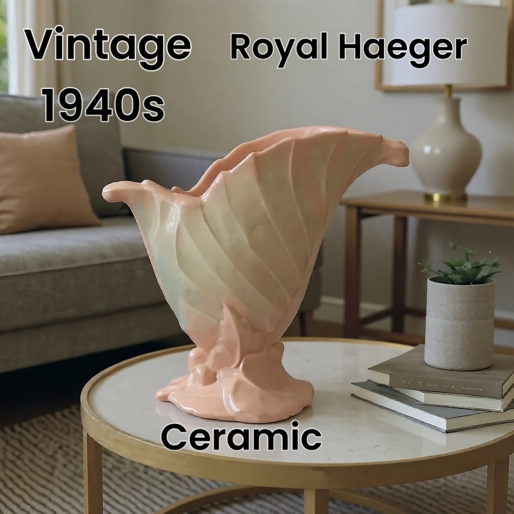 Vintage Royal Haeger R301 Double Leaf Fan Vase Pink And Touquoise Made In USA